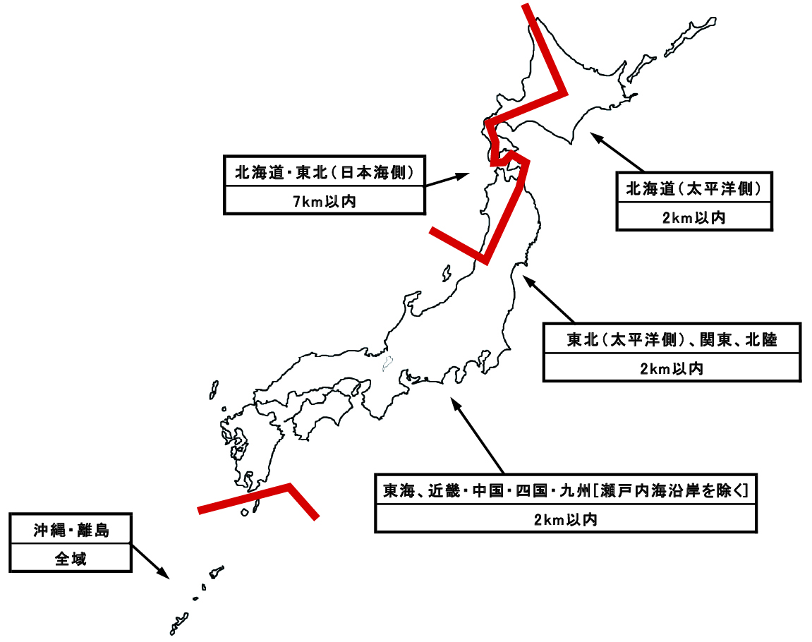 塩害地域の目安を示した日本地図